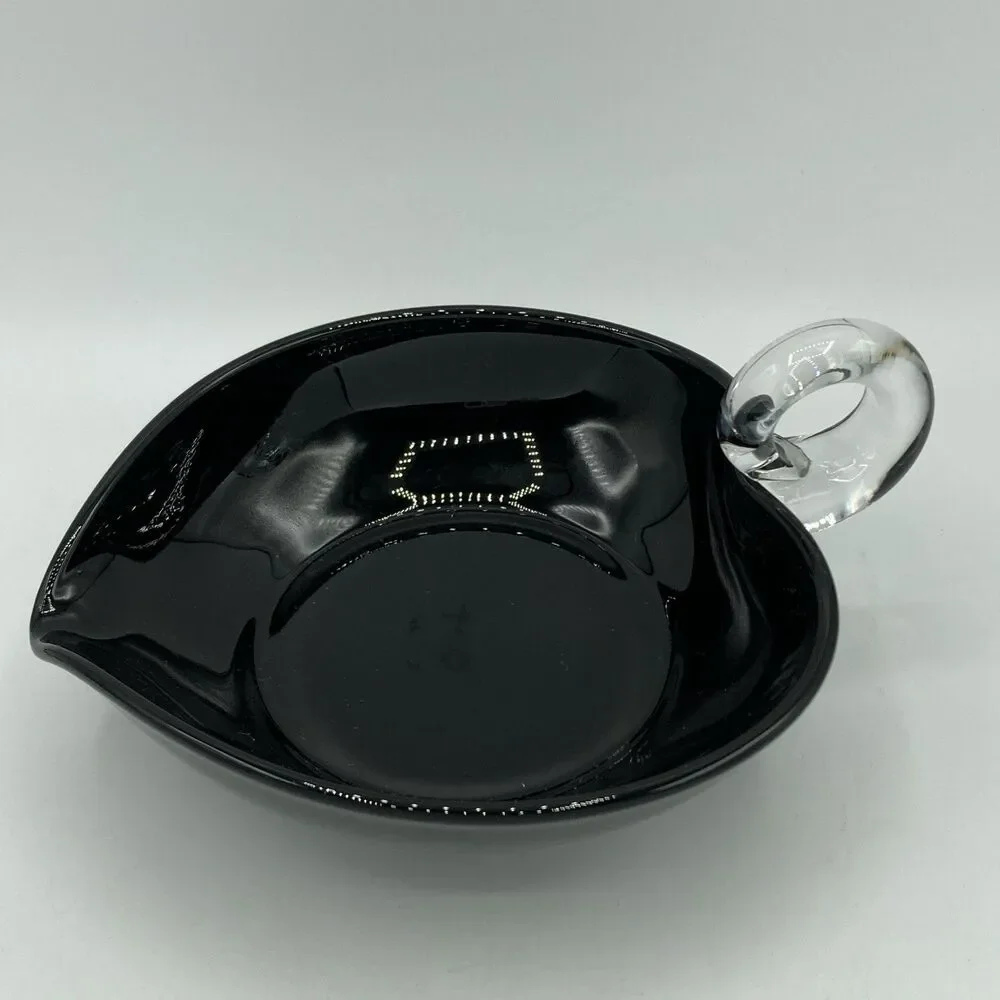 Vtg Black Glass Heart Candy Trinket Nappy Dish Applied Clear Loop Handle 6.25”